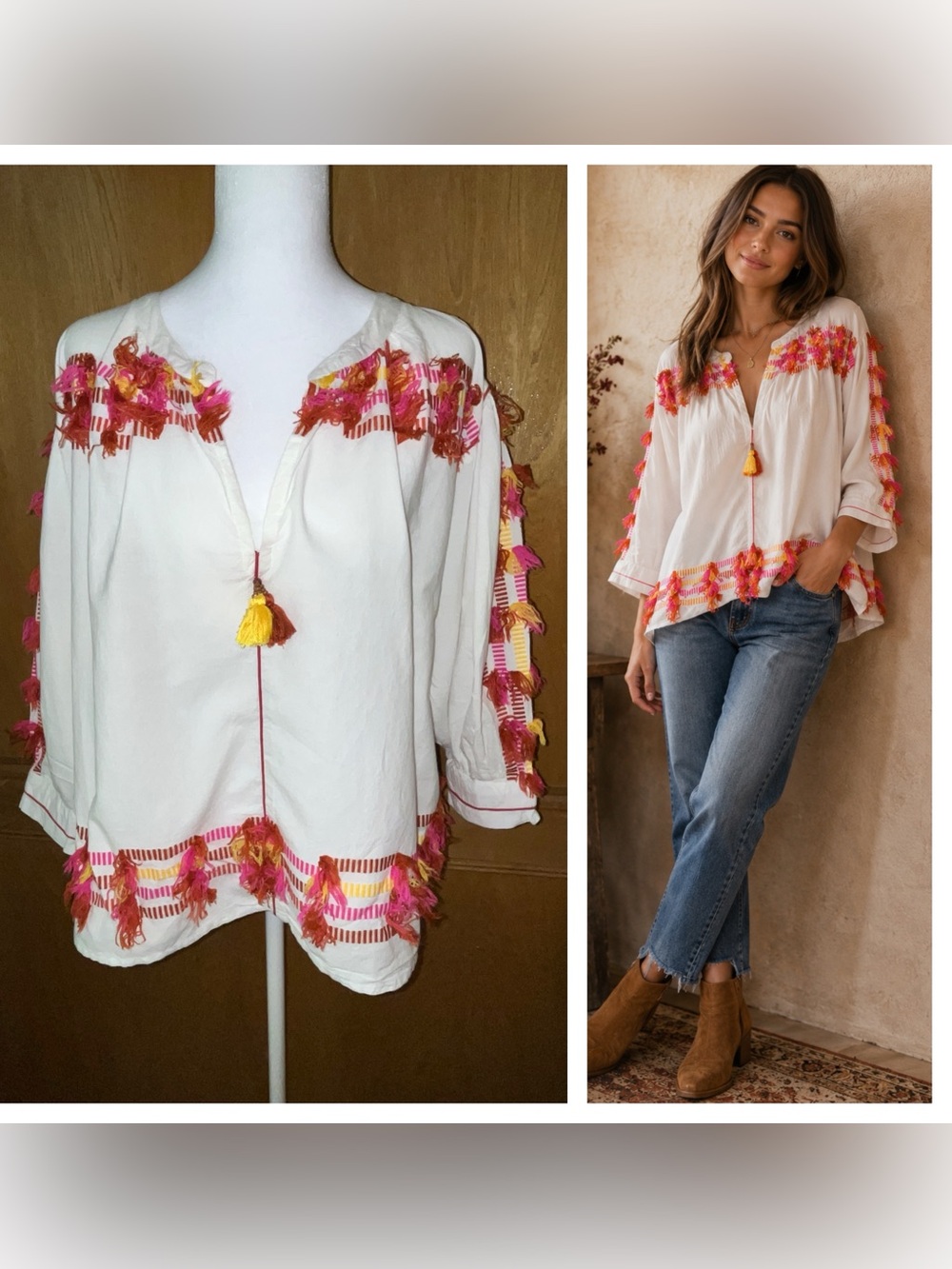 Sz M Anthropologie Roller Rabbit Embroidered Tassel White Shirt